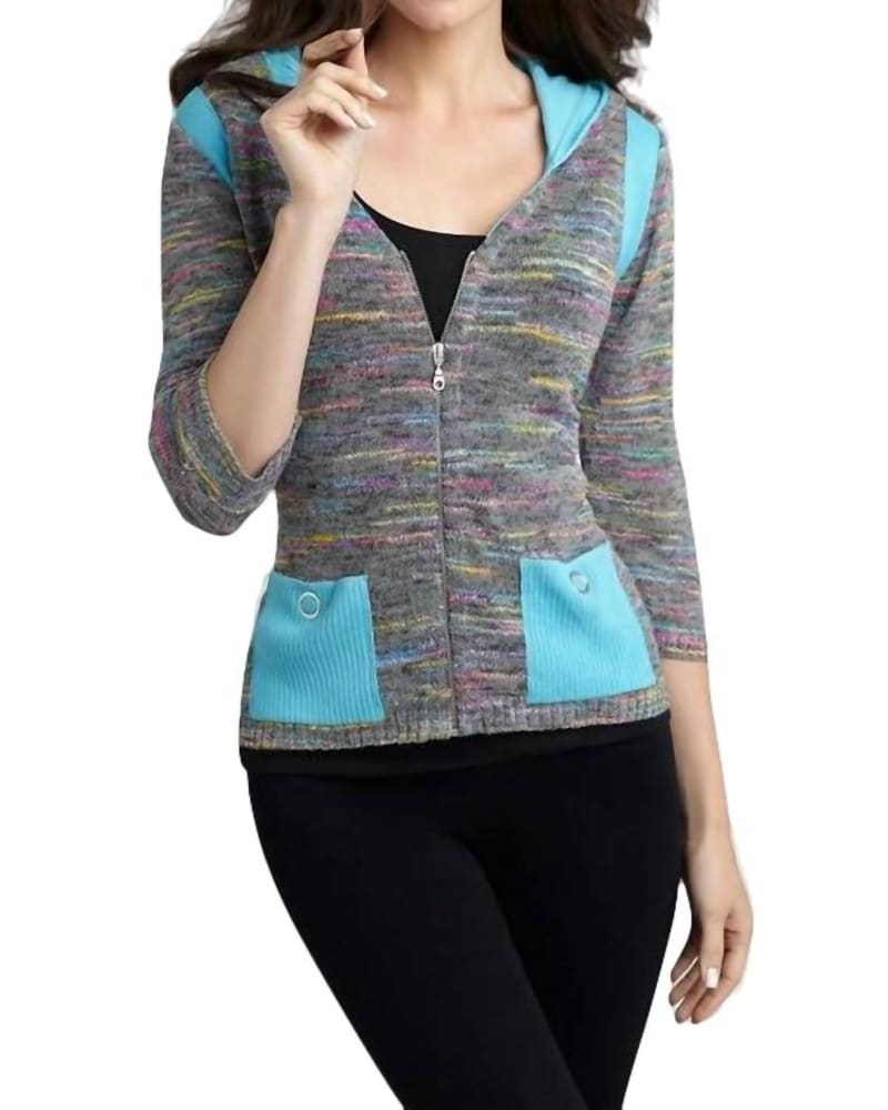 Front of a model wearing a size XL Colorblock Melange Cardigan in Gray Multi in Gray Multi by ANGEL. | dia_product_style_image_id:327338